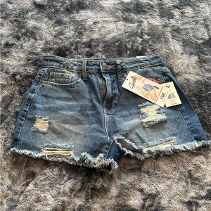 YMI Distressed Medium Blue Denim Shorts with Frayed Hem